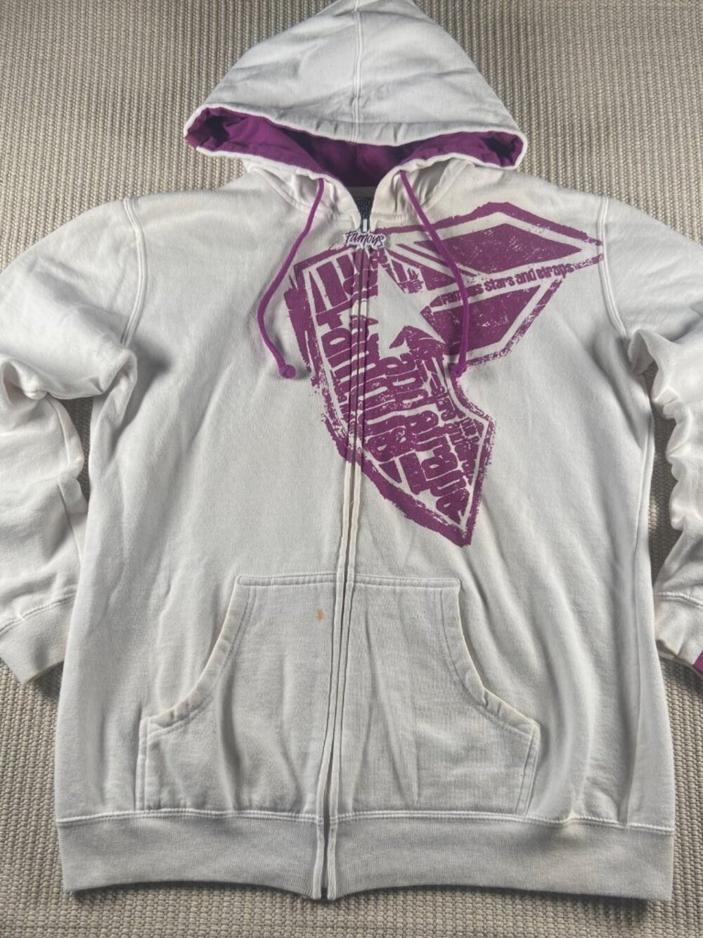 Vintage Y2K Famous Stars & Straps Hoodie XL White Purple Zip Up Graphic